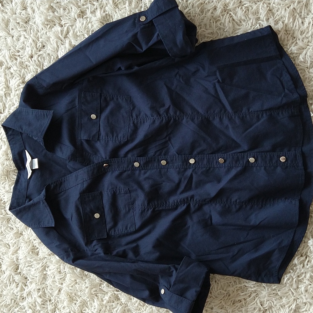 Navy Medium Christopher & Banks Button Down Shirt with Silver Buttons